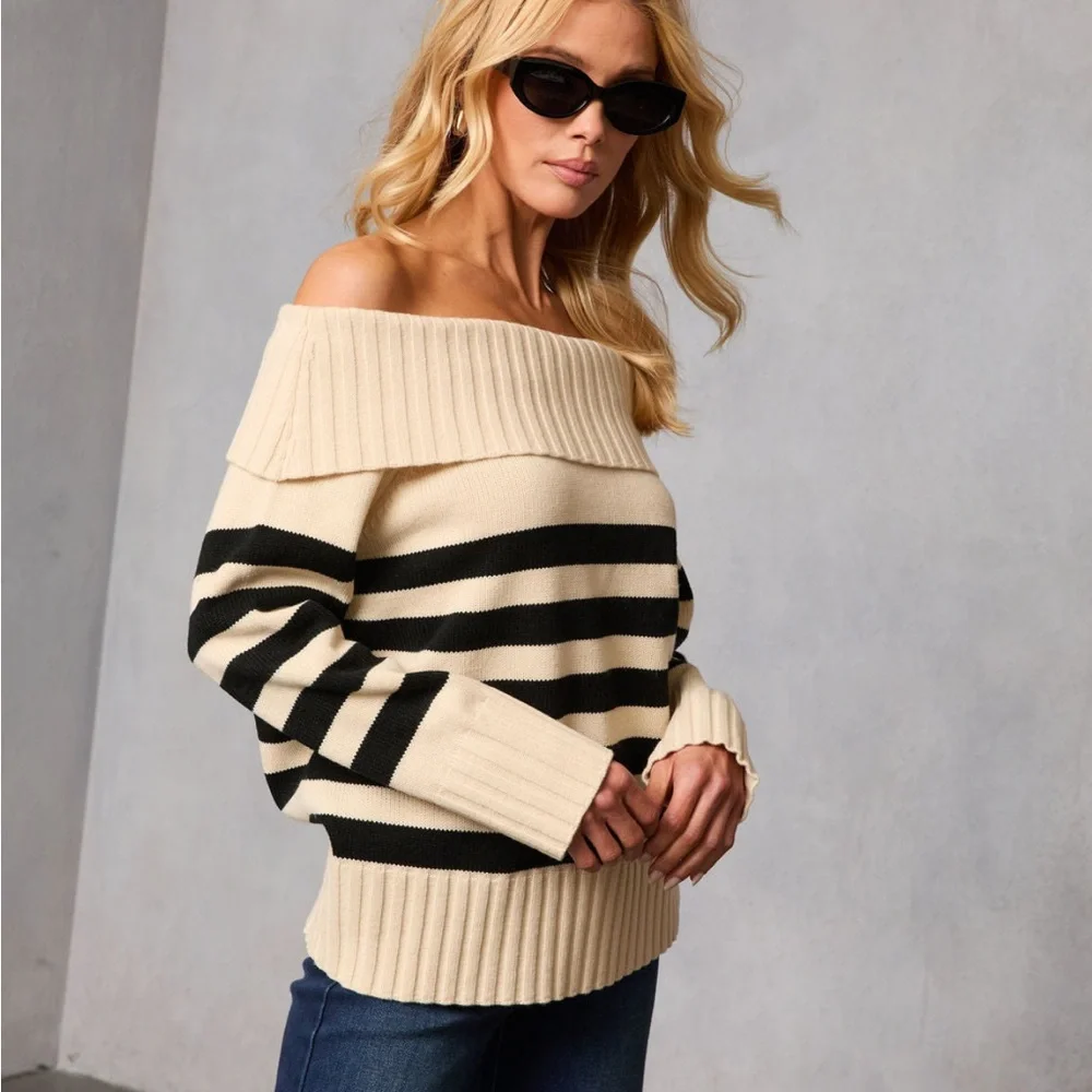 Vici Fireside Favorite Striped Off The Shoulder Sweater - Picture 3 of 6